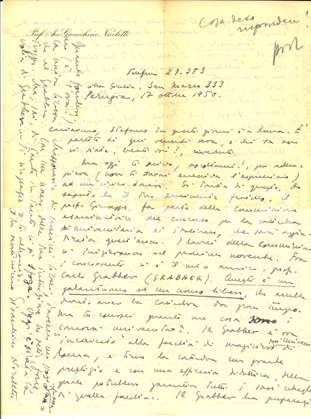 Autografo originale 1950 PERUGIA Lettera Gioacchino NICOLETTI per raccomandazione  Autografo 1