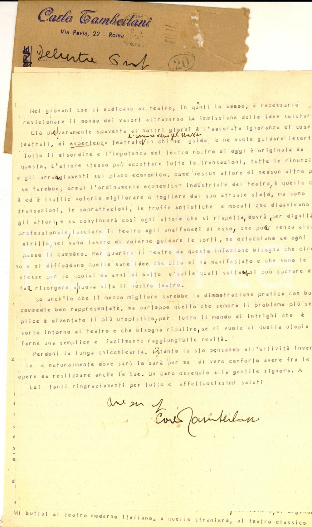Autografo originale 1948 ROMA Carlo TAMBERLANI Il valore si conquista nel recitare  Autografo 1