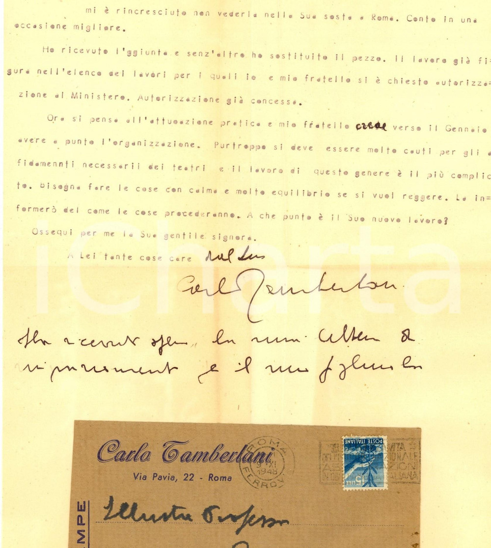 Autografo originale 1948 ROMA Lettera attore Carlo TAMBERLANI su autorizzazione  Autografo 1