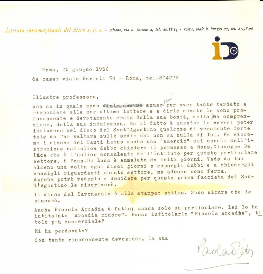 Autografo originale 1960 ROMA Istituto del Disco  Paola OJETTI e il disco di Sant Agostino 1