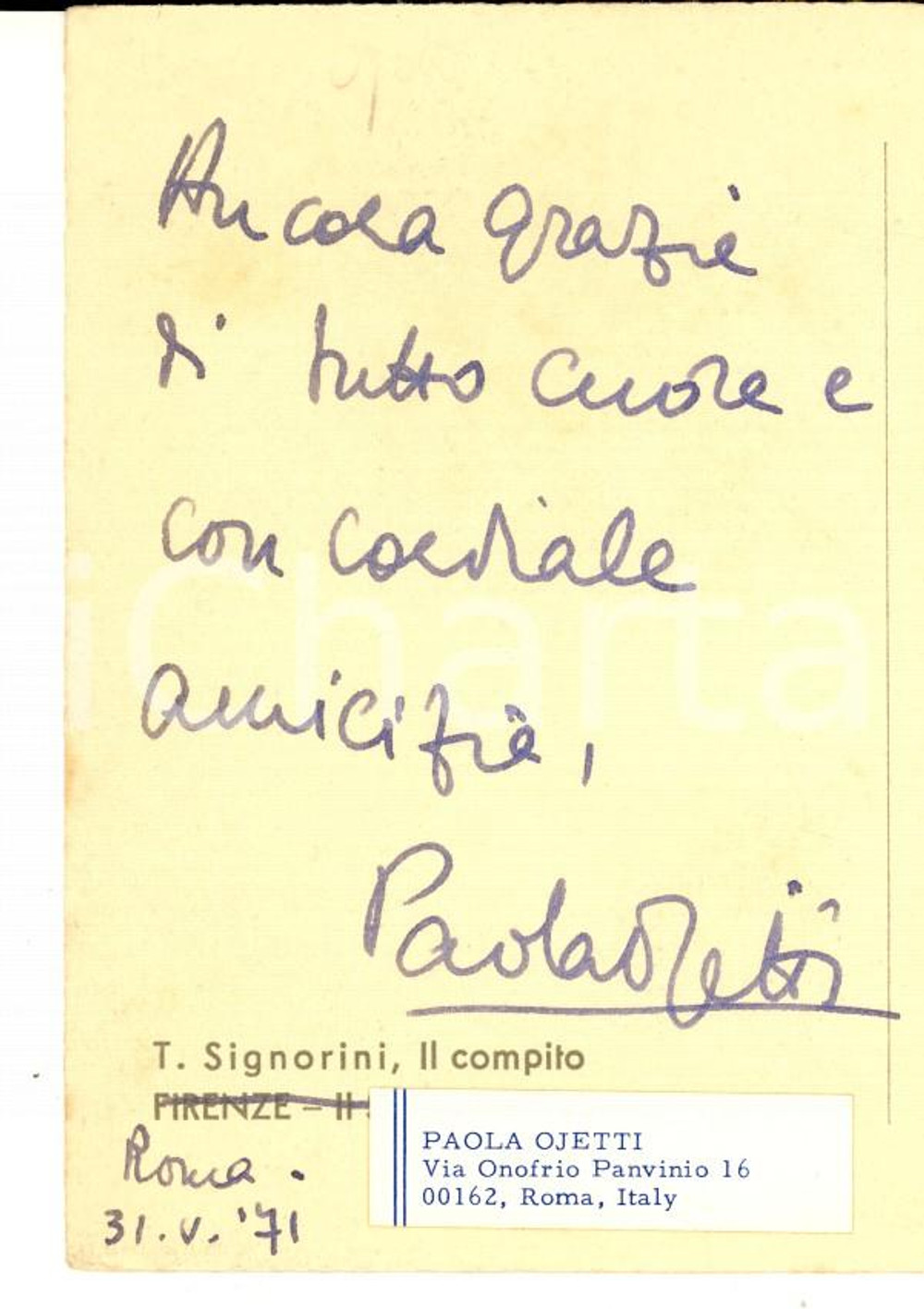 Autografo originale 1971 ROMA Cartolina postale Paola OJETTI per ringraziamento  Autografo 1