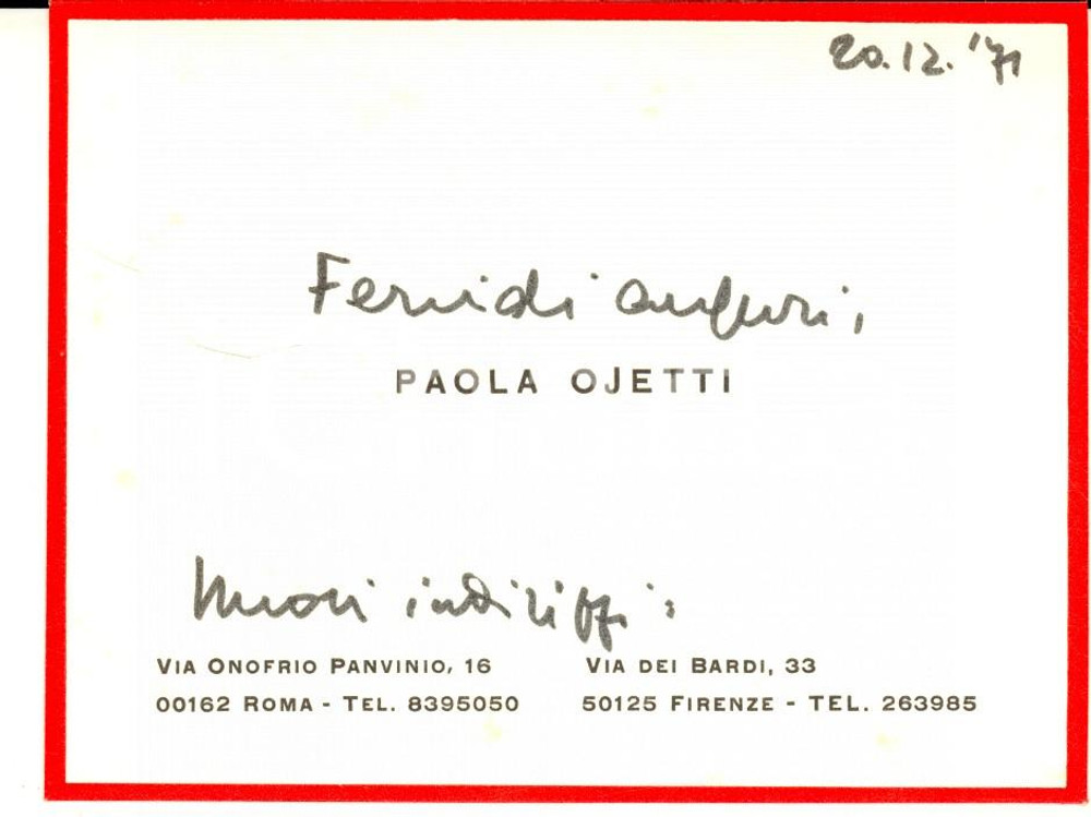 1971 ROMA Biglietto Paola OJETTI per auguri natalizi - Autografo