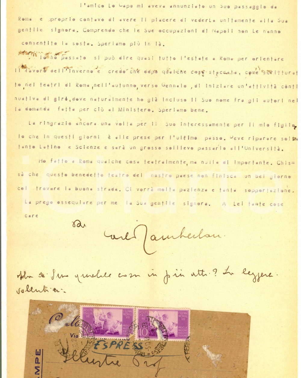 Autografo originale 1948 ROMA Lettera attore Carlo TAMBERLANI sui progetti teatrali  Autografo 1