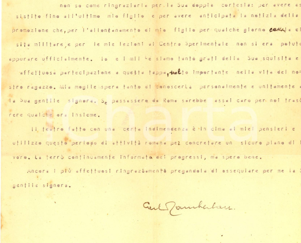 1948 ROMA Lettera attore Carlo TAMBERLANI per ringraziamento  - Autografo