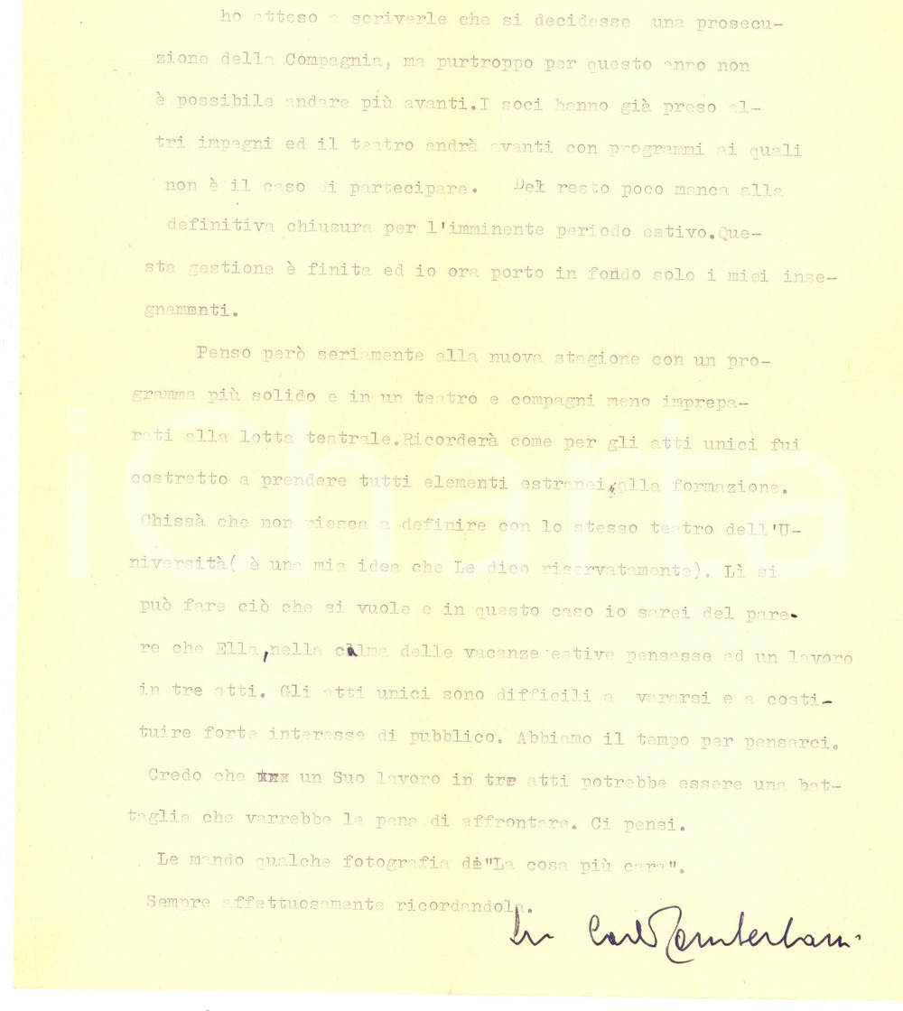 Autografo originale 1950 ca ROMA Lettera Carlo TAMBERLANI sulla nuova stagione teatrale  Autografo 1