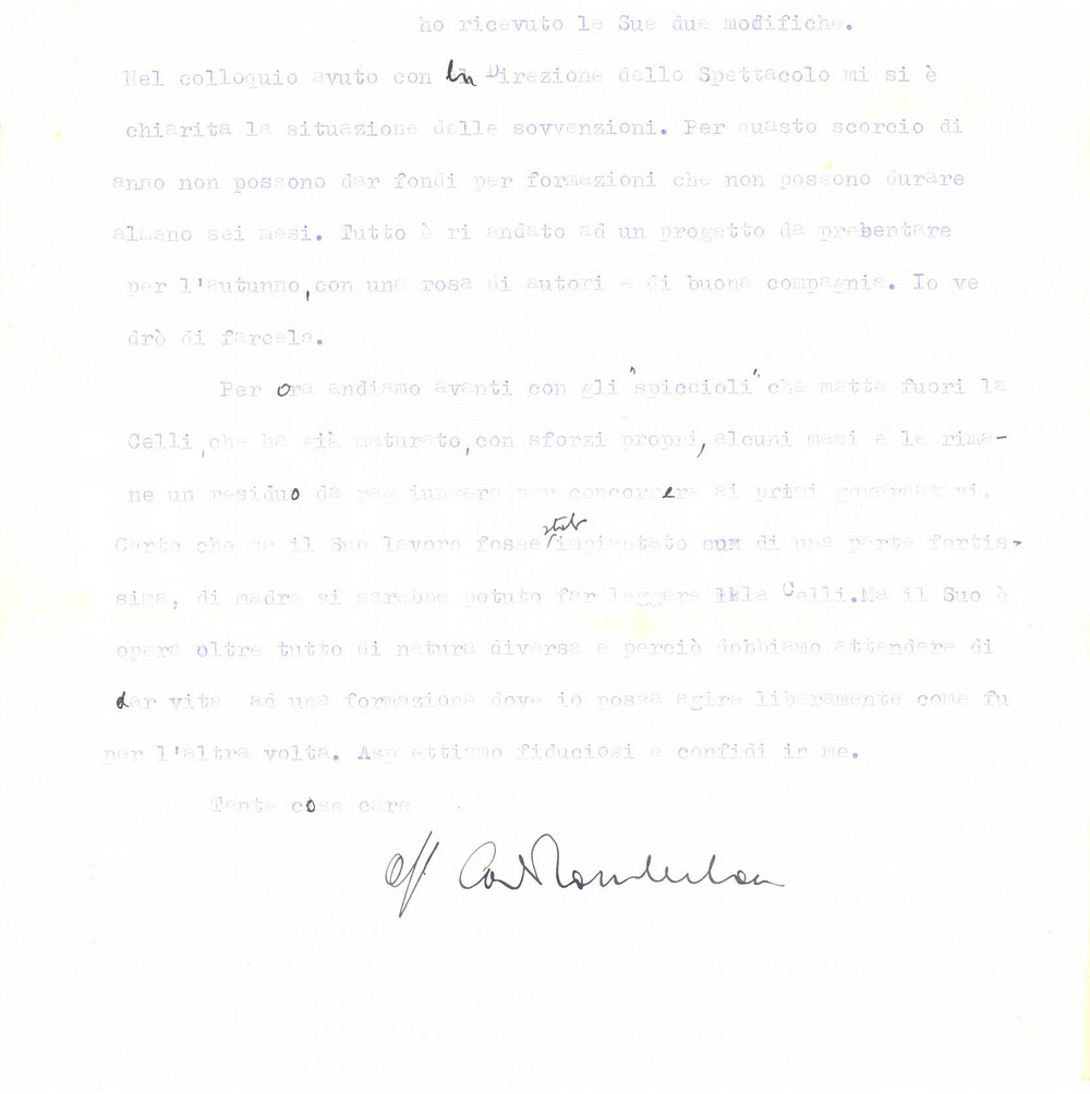 Autografo originale 1975 ca ROMA Lettera Carlo TAMBERLANI sulle sovvenzioni al teatro  Autografo 1