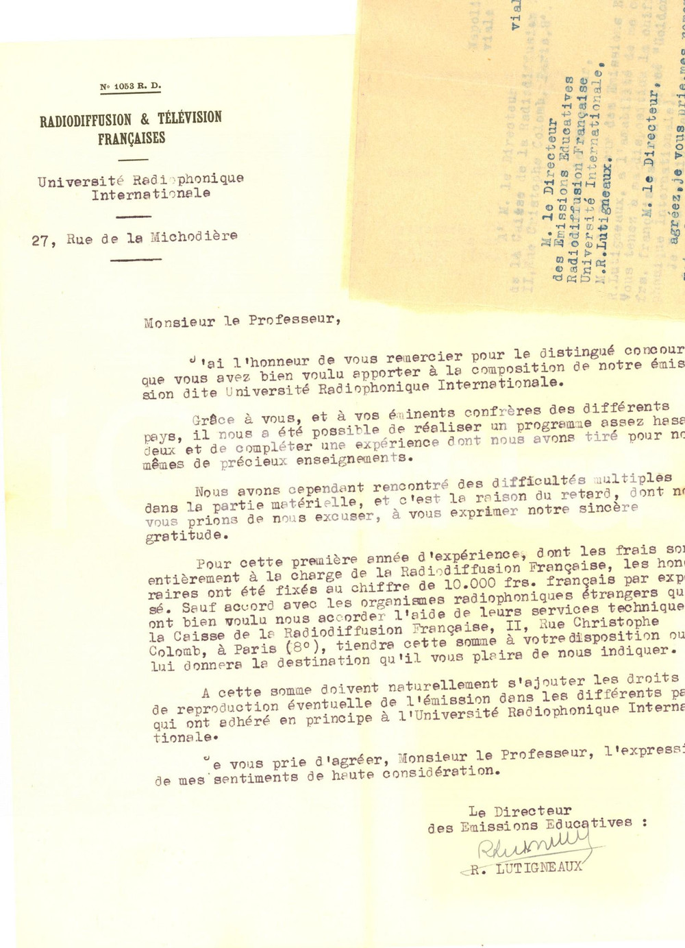 Autografo originale 1950 PARIS Université Radiophonique  Lettera Roger LUTIGNEAUX a collaboratore 1