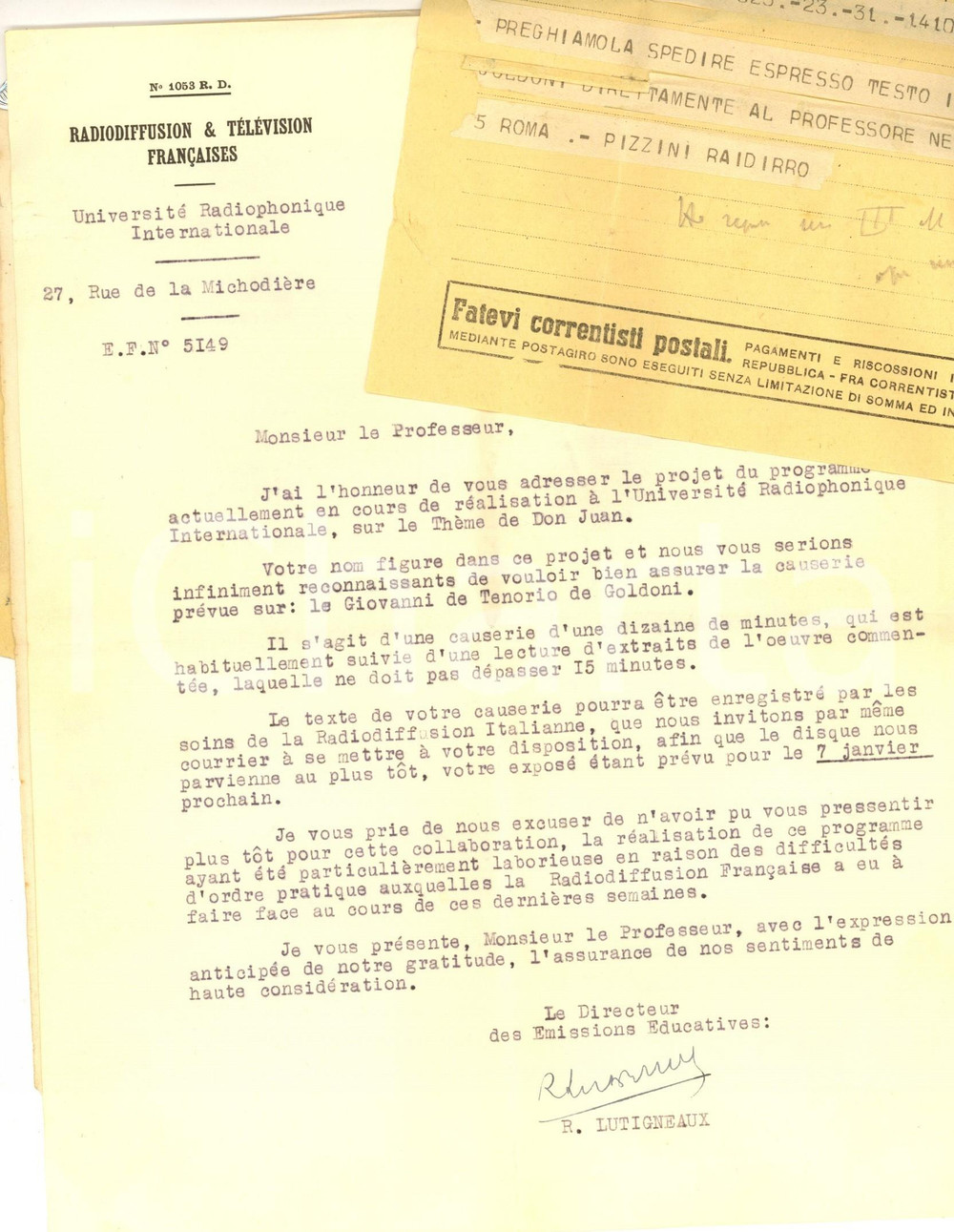 Autografo originale 1949 PARIS UniversitÃ© Radiophonique  Roger LUTIGNEAUX su lavoro Don Giovanni 1