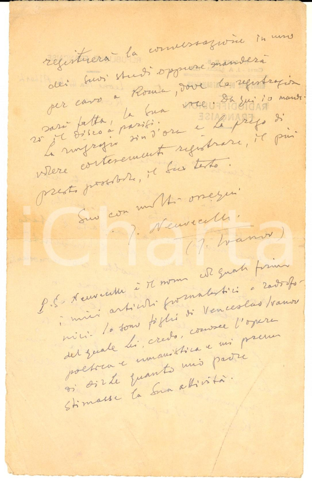 Autografo originale 1950 ROMA Lettera Jean NEUVECELLE per lezione alla radio francese  AUTOGRAFO 1