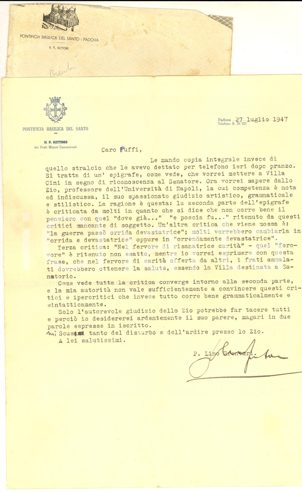 Autografo originale 1947 PADOVA Lettera padre Lino BRENTANI per epigrafe Villa Cini  Autografo 1