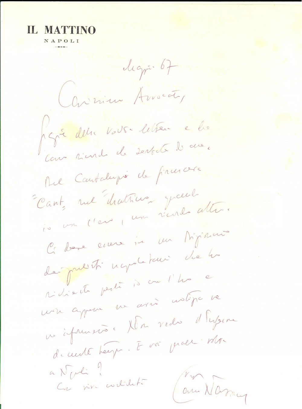 Autografo originale 1967 NAPOLI IL MATTINO Lettera Carlo NAZZARO per ringraziamento  Autografo 1