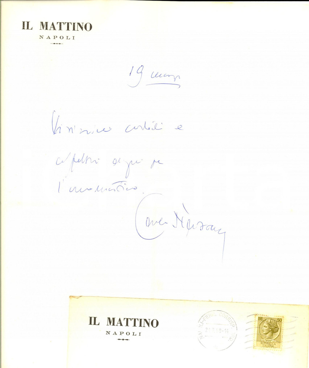 1968 NAPOLI IL MATTINO Lettera Carlo NAZZARO per auguri - Autografo