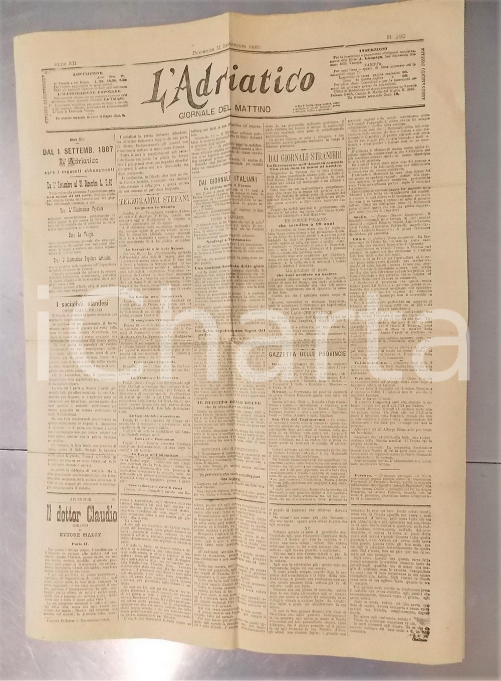 1887 L'ADRIATICO Esposizione Orticola e Floricola di Venezia - Giornale DATA: Domenica 11 settembre 1887Anno XII n&deg; 250PAGINE: 4CONDIZIONI: G (ma piegature d'epoca)    originale e autentica 1