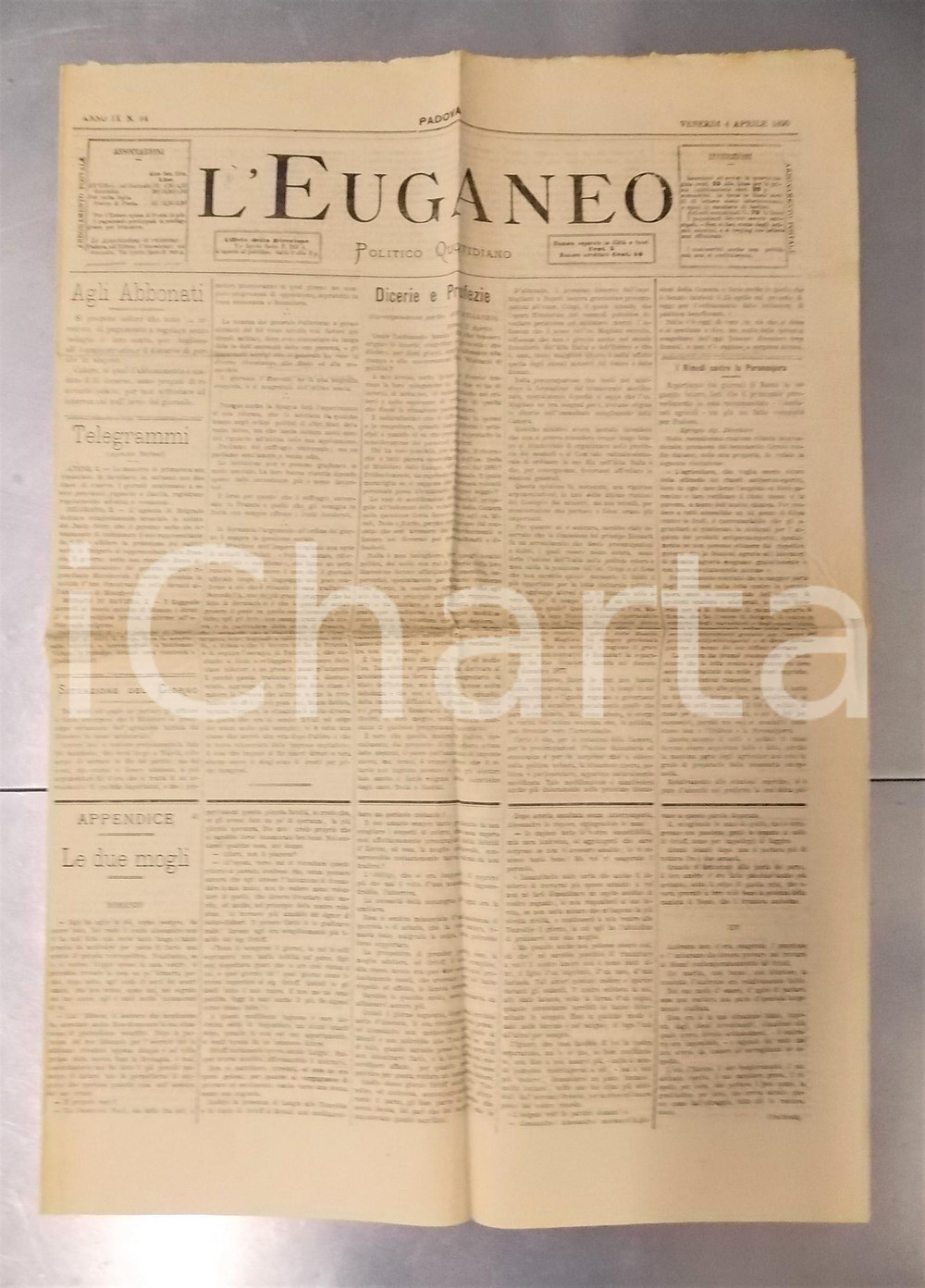 1890 PADOVA L'EUGANEO Contro la peronospora - Congresso antifilosserico Giornale DATA: 4 aprile 1890Anno IX n&deg; 94PAGINE: 4CONDIZIONI: FAIR (piccolo taglio al lato destro e piegature d'epoca)    originale e autentica 1