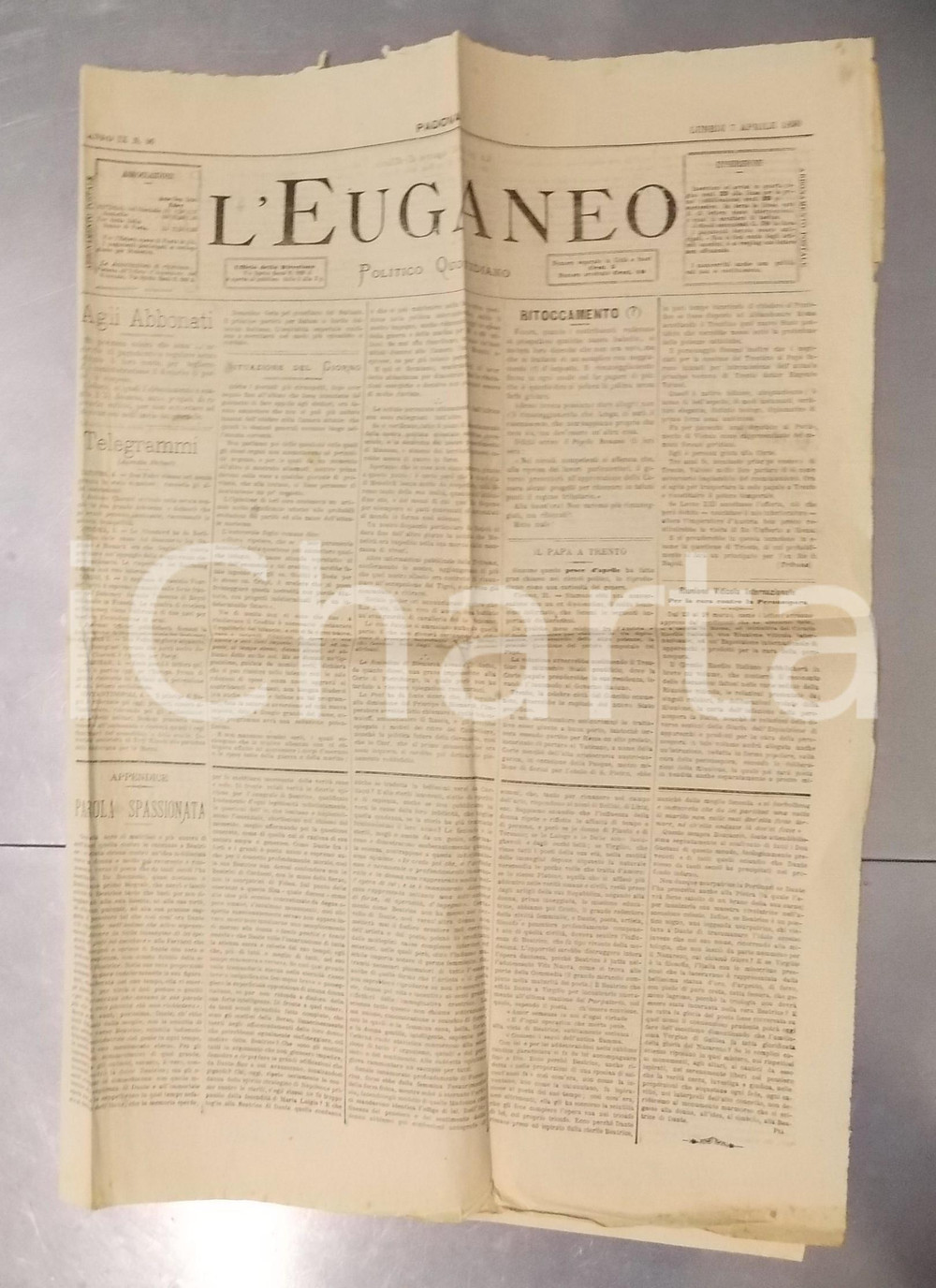 Giornale, rivista storica 1890 PADOVA L EUGANEO Bufala su cessione Trento al Papa  Contro la peronospora 1