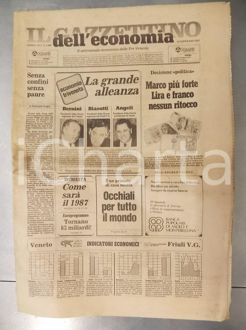 Giornale, rivista storica 1987 IL GAZZETTINO DELL ECONOMIA Il patto triveneto  Giornale anno I nÂ° 1 1