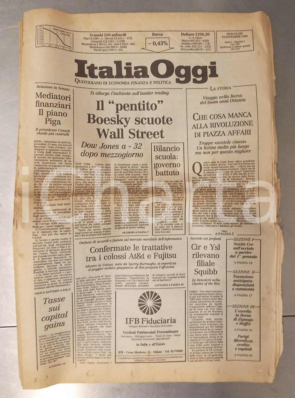 1986 ITALIA OGGI Inchiesta Ivan Boesky - Boom della Borsa - Giornale anno I nÂ° 1 DATA: 19 novembre 1986DESCRIZIONE: Giornale d'epoca. CONDIZIONI: G (ma piegatura centrale d'epoca)    originale e autentica 1