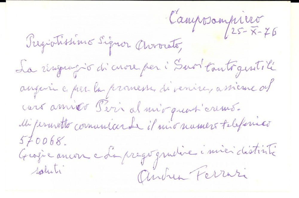 1976 CAMPOSAMPIERO Biglietto Andrea FERRARI ringraziamento *Autografo