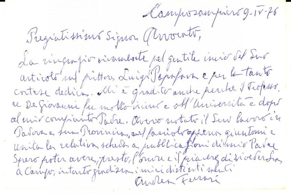 Autografo originale 1976 CAMPOSAMPIERO Biglietto Andrea FERRARI per ringraziamento Autografo 1