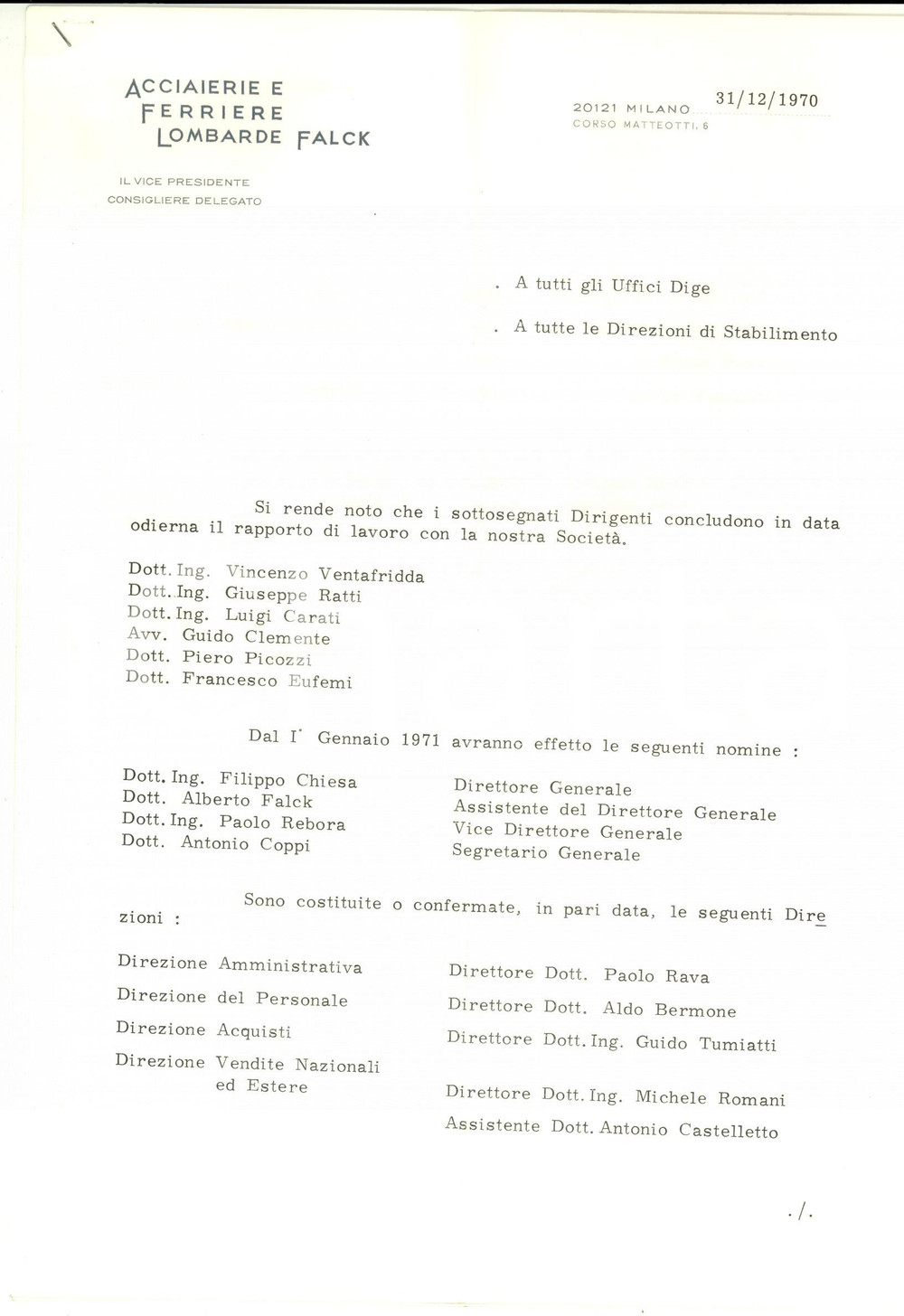 1970 MILANO Acciaierie e Ferriere FALCK - Lettera nomine nuovi dirigenti