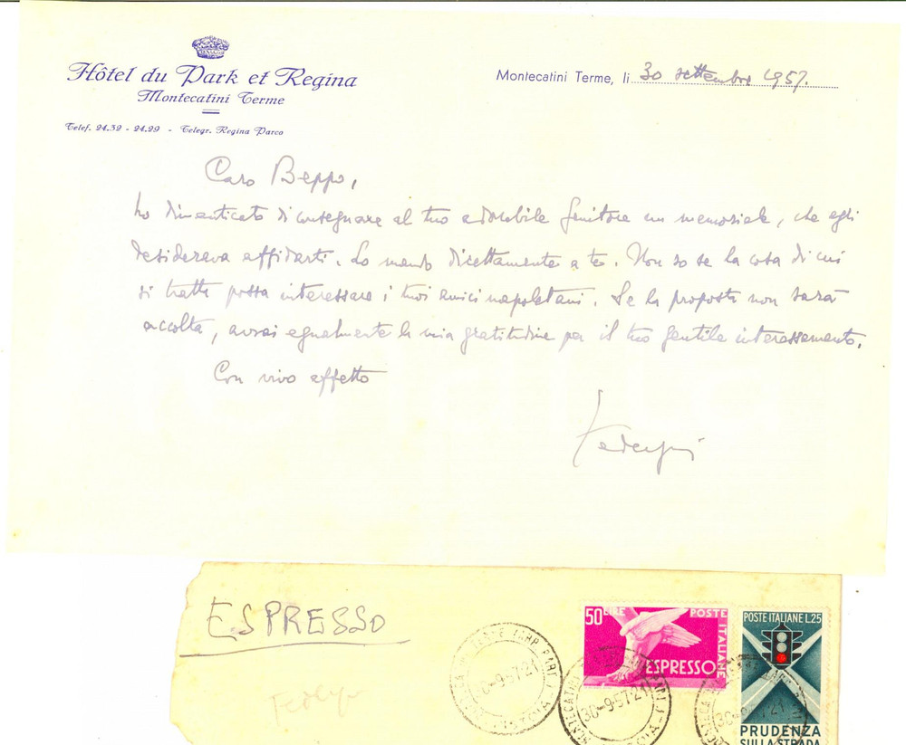 Autografo originale 1957 MONTECATINI Lettera Luigi FEDERZONI per invio memoriale  AUTOGRAFO 1