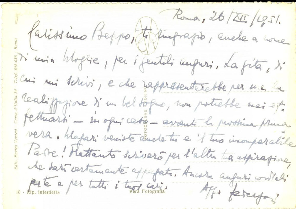 Autografo originale 1951 ROMA Luigi FEDERZONI promette visita in primavera  Cartolina AUTOGRAFO 1