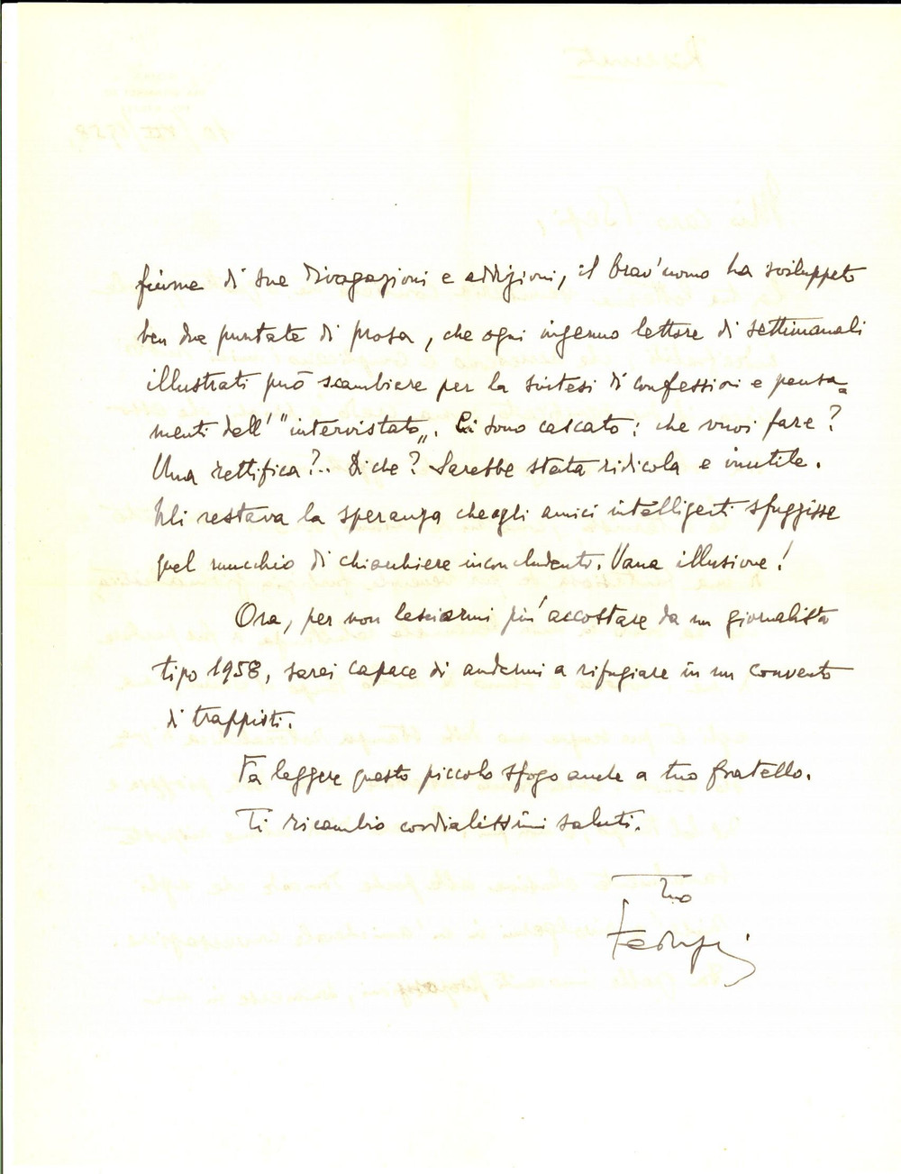 1958 ROMA Luigi FEDERZONI "Starei in convento lontano dai giornalisti" AUTOGRAFO