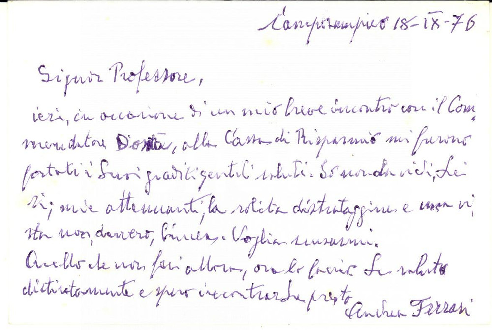 Autografo originale 1976 CAMPOSAMPIERO Biglietto Andrea FERRARI saluti  Autografo 1