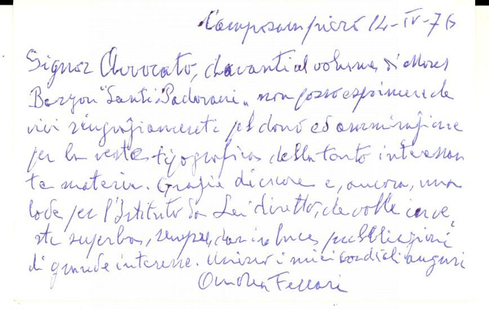 Autografo originale 1976 CAMPOSAMPIERO Andrea FERRARI  Biglietto da visita con messaggio autografo 1