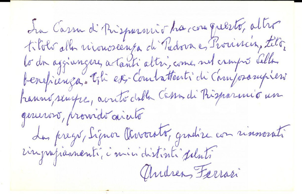 Autografo originale 1977 CAMPOSAMPIERO Biglietto Andrea FERRARI per ringraziamento Autografo 1