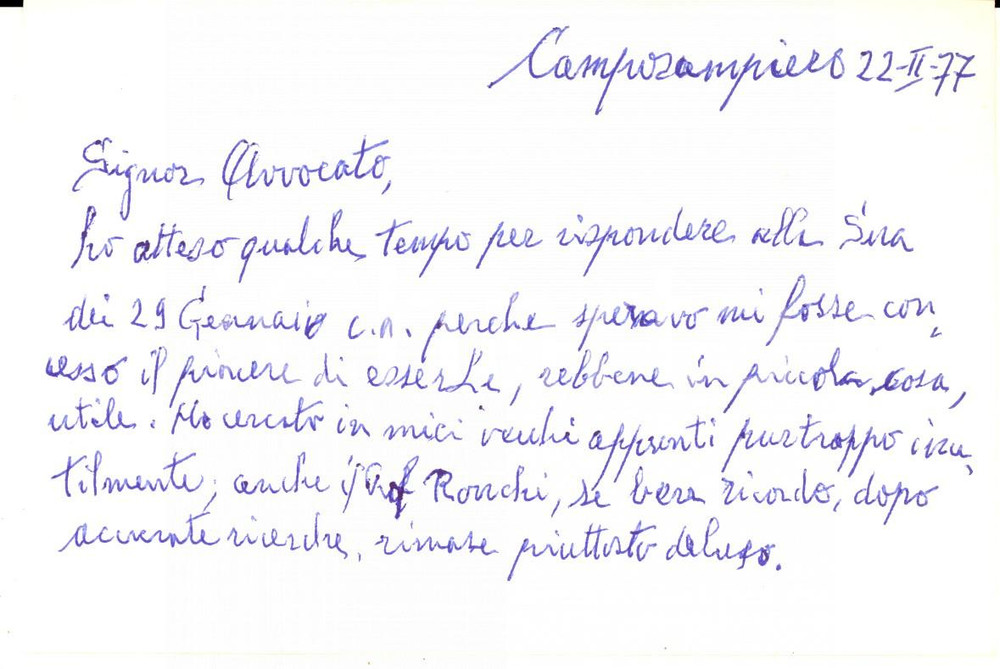 Autografo originale 1977 CAMPOSAMPIERO Biglietto Andrea FERRARI con messaggio autografo 1