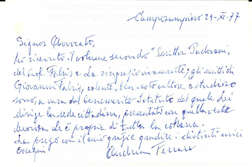 Autografo originale 1977 CAMPOSAMPIERO Biglietto Andrea FERRARI per ringraziamento  Autografo 1