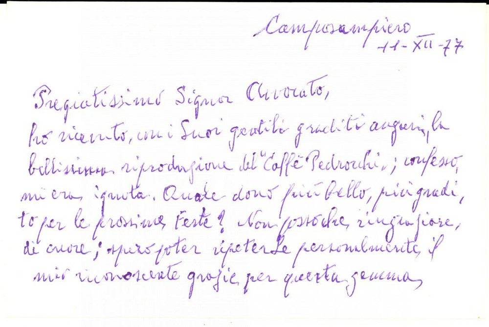 Autografo originale 1977 CAMPOSAMPIERO Biglietto Andrea FERRARI ringraziamento  Autografo 1