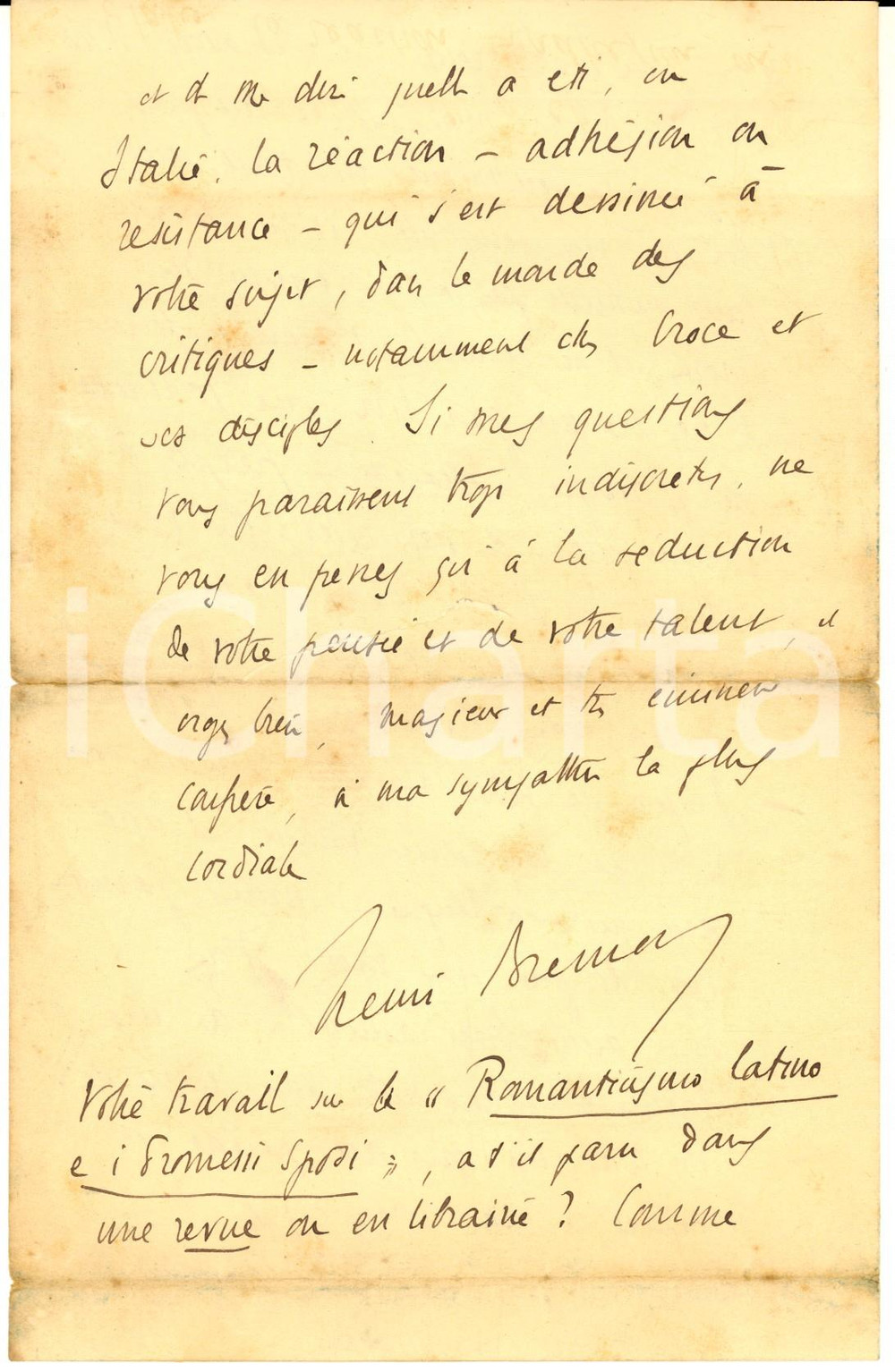 Autografo originale 1924 PARIS Lettera Henri BREMOND su critica Umanesimo e Romanticismo AUTOGRAFO 1