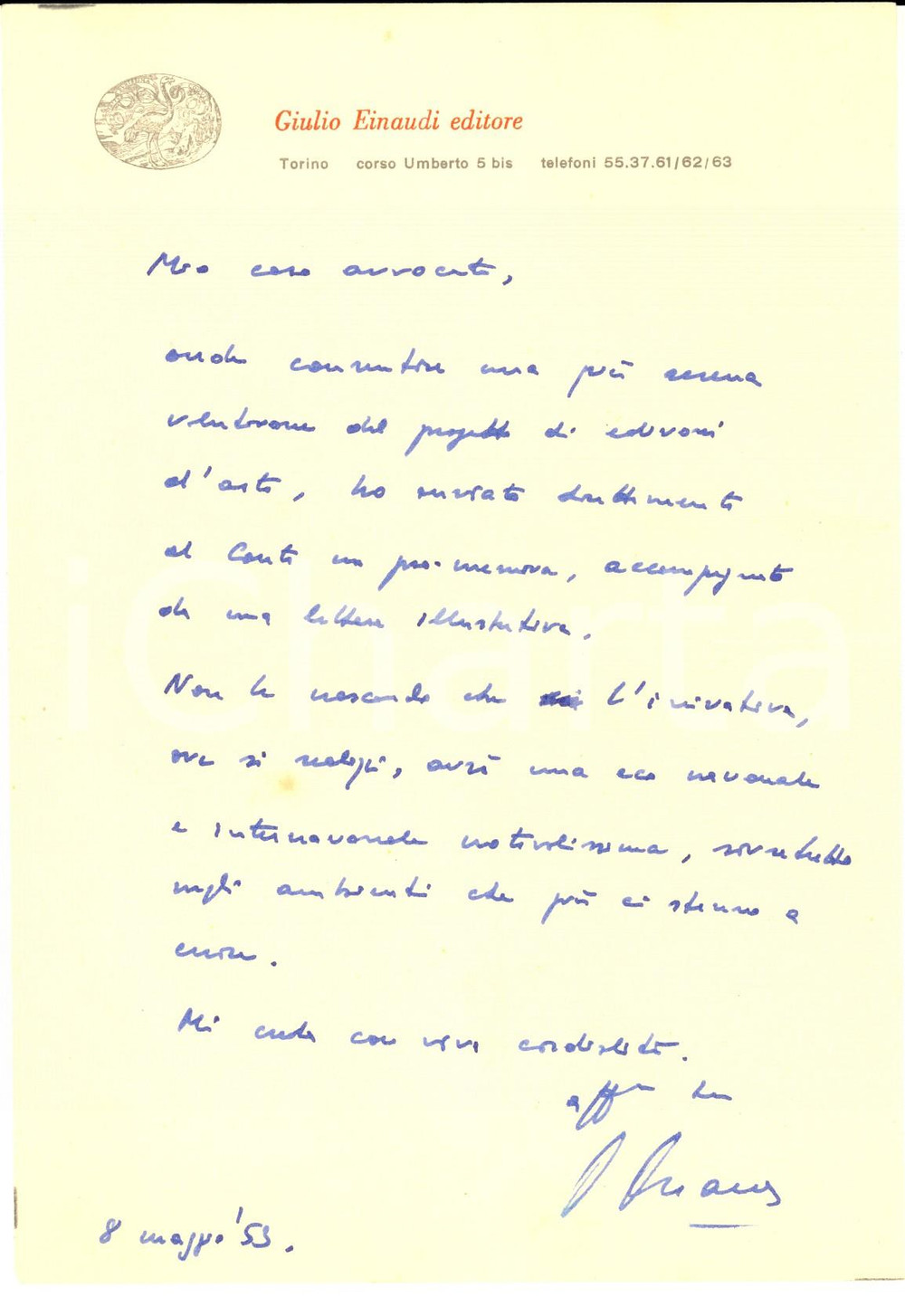 Autografo originale 1953 TORINO Lettera Giulio EINAUDI per iniziativa inedita  Autografo 1