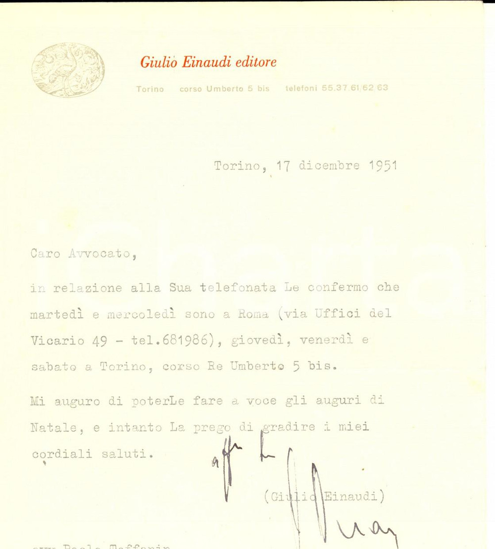 Autografo originale 1951 TORINO Lettera Giulio EINAUDI a un avvocato per appuntamento  Autografo 1