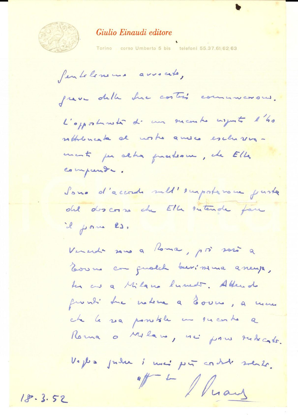 Autografo originale 1952 TORINO Lettera Giulio EINAUDI per incontro con avvocato  Autografo 1