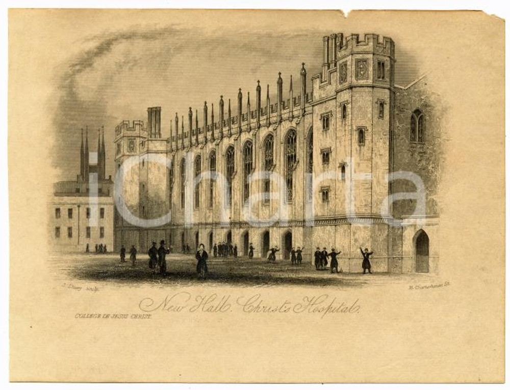 Stampa, bozzetto originale 1850 ca SOUTHWATER UK New hall of Christ s Hospital  J. SHURY SC. Stampa 1