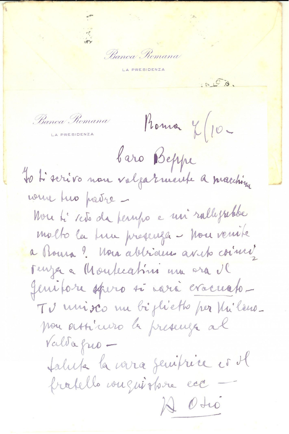 Autografo originale 1954 ROMA BANCA ROMANA Lettera Arturo OSIO a un amico  Autografo 1