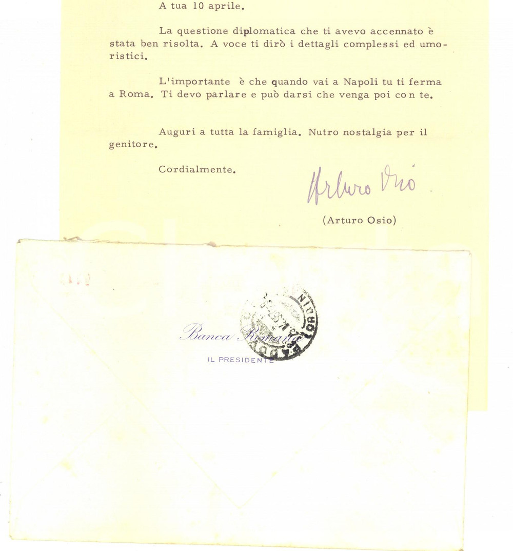 1957 ROMA BANCA ROMANA Lettera Arturo OSIO per incontro - Autografo