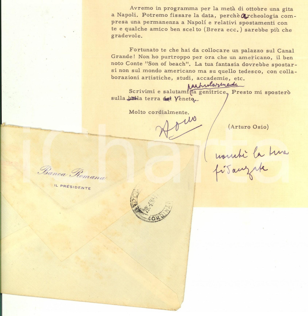 Autografo originale 1957 ROMA BANCA ROMANA Lettera Arturo OSIO a un amico  Autografo 1