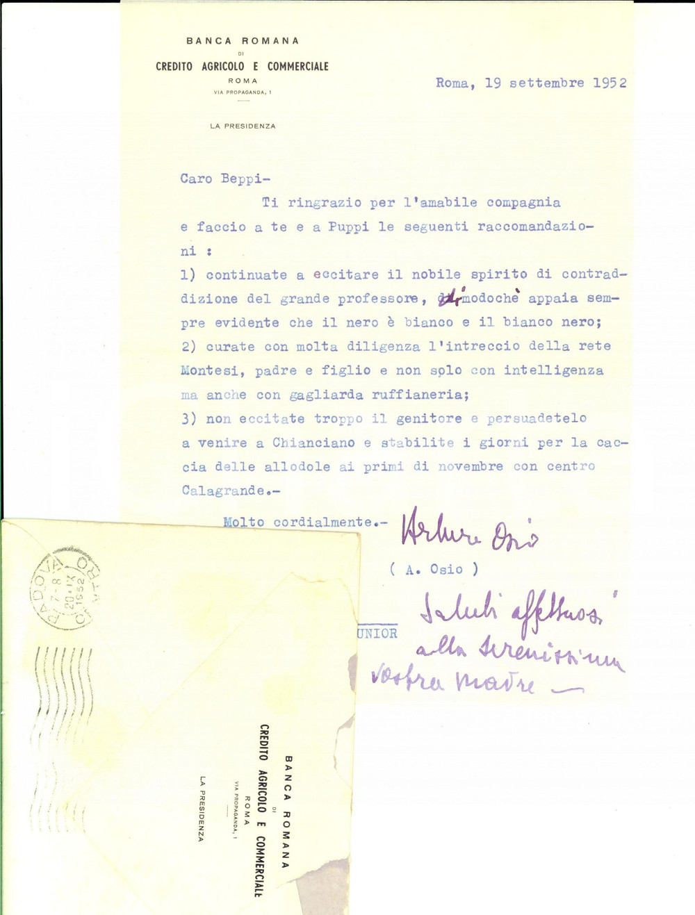1952 ROMA BANCA ROMANA Lettera Arturo OSIO a un amico - Autografo
