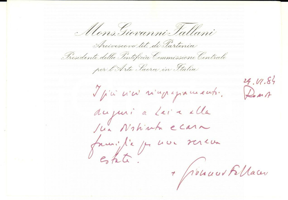 Autografo originale 1984 ROMA Biglietto mons. Giovanni FALLANI per ringraziamento  Autografo 1