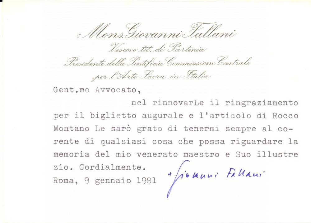 Autografo originale 1981 ROMA Biglietto don Giovanni FALLANI per ringraziamento  Autografo 1