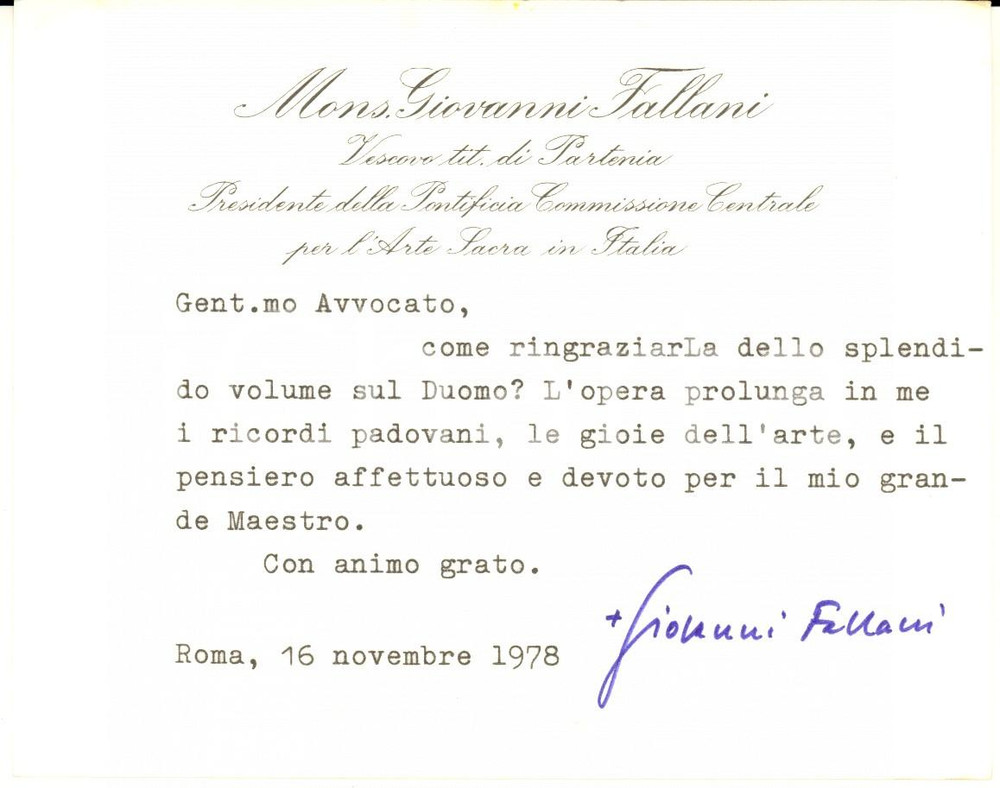 Autografo originale 1978 ROMA Biglietto don Giovanni FALLANI per ringraziamento Autografo 1