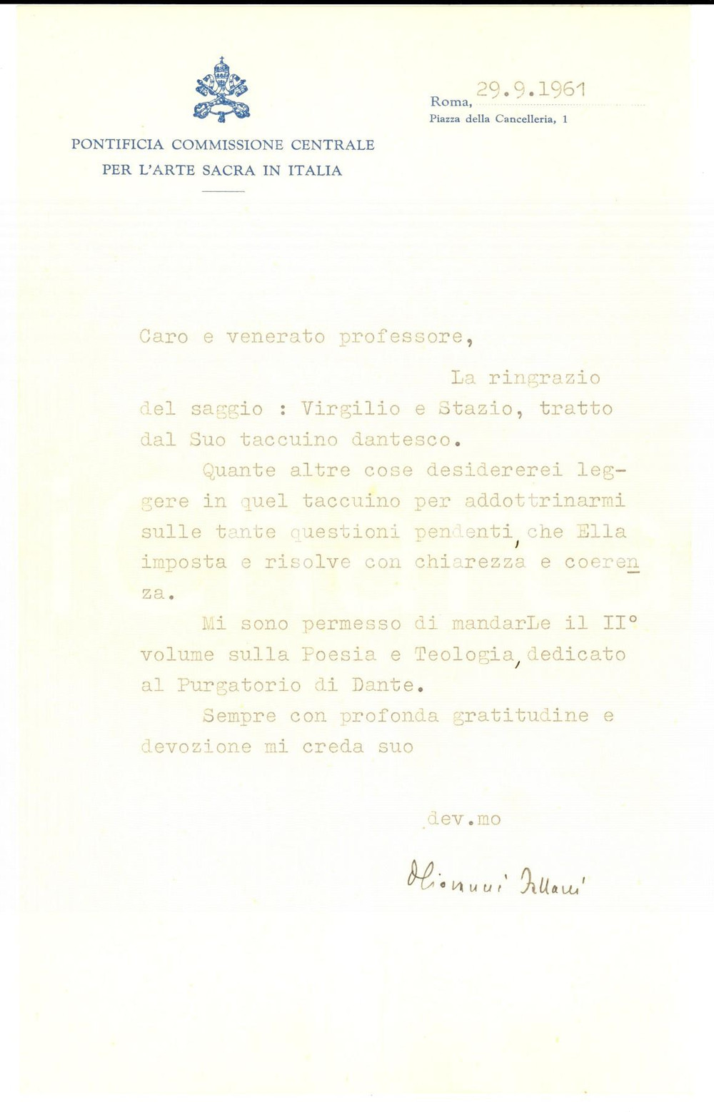 1961 ROMA Mons. Giovanni FALLANI ringrazia per un saggio - Autografo