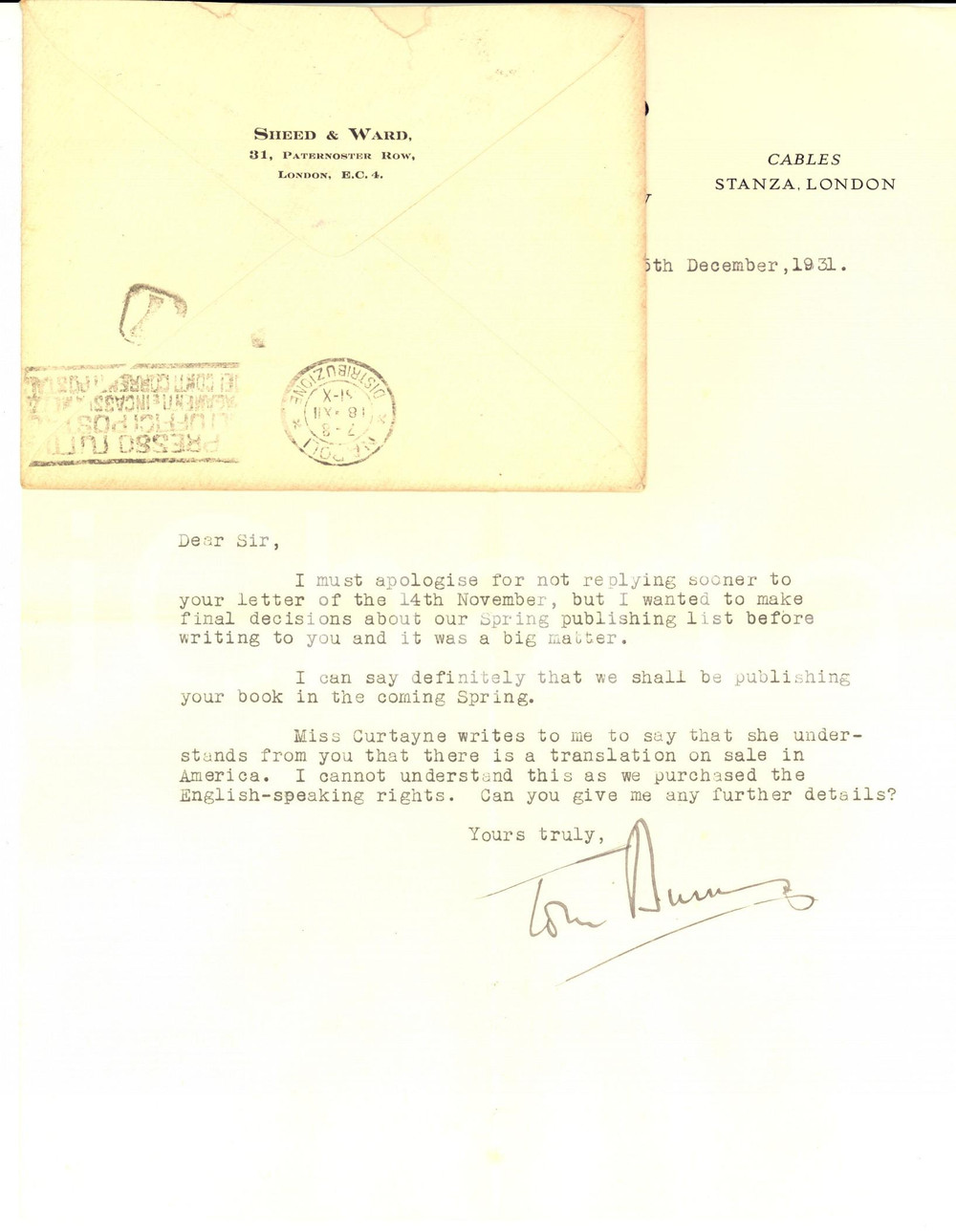 Autografo originale 1931 LONDON SHEED and WARD  Lettera Tom BURNS per pubblicazione  Autografo 1