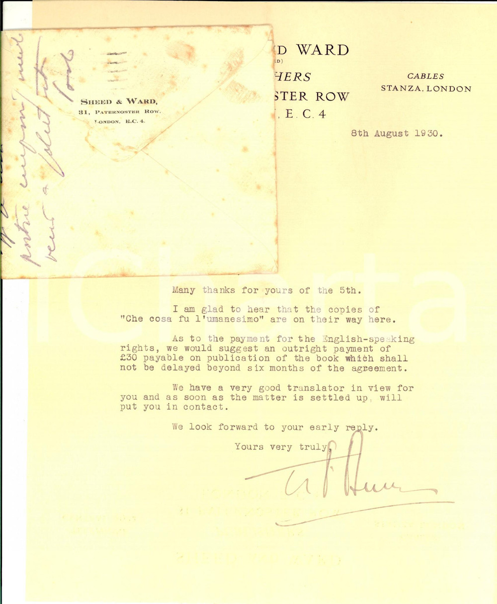 Autografo originale 1930 LONDON SHEED and WARD  Lettera Tom BURNS per copie volume  Autografo 1