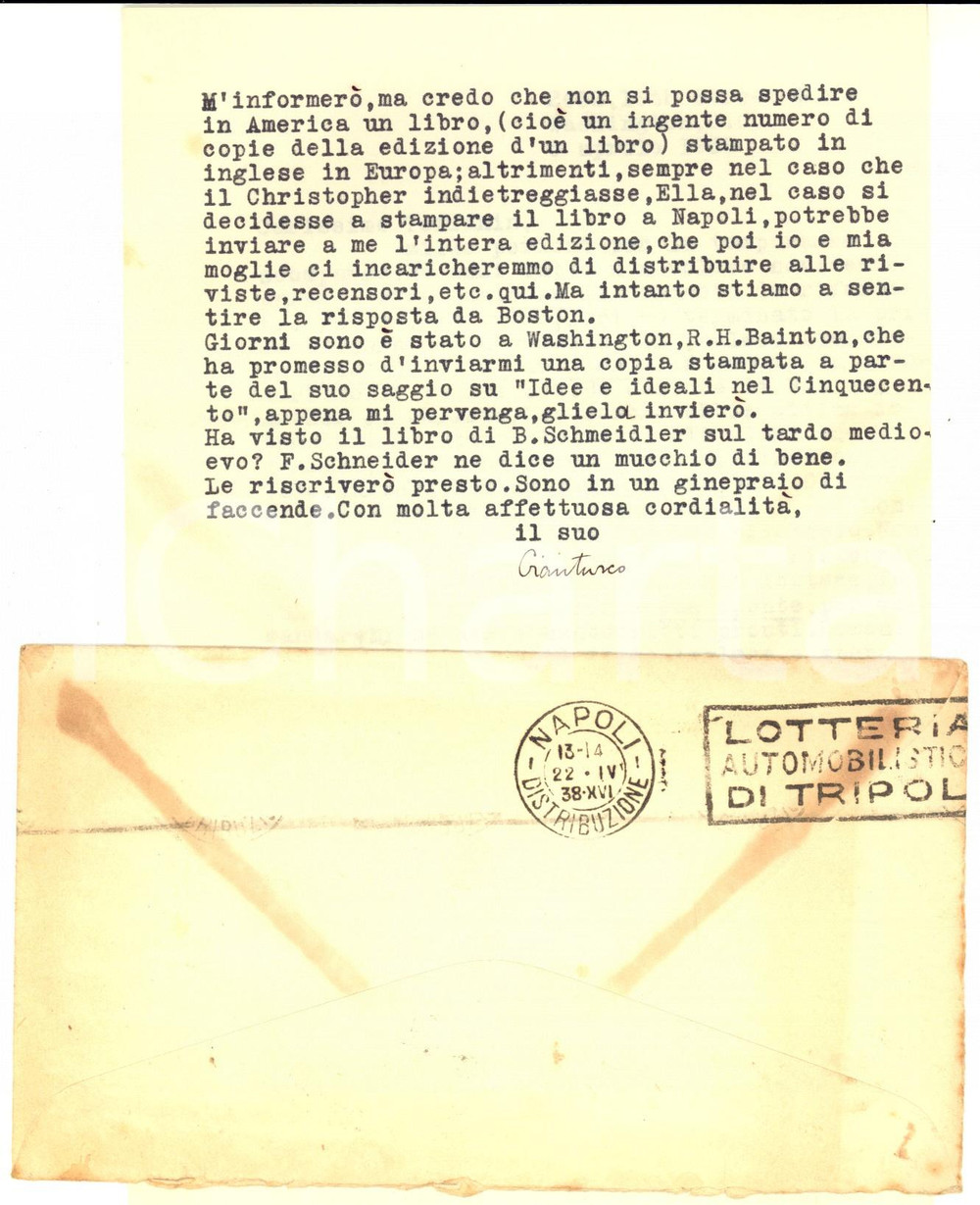 Autografo originale 1938 WASHINGTON Elio GIANTURCO sulla traduzione del volume di un collega 1