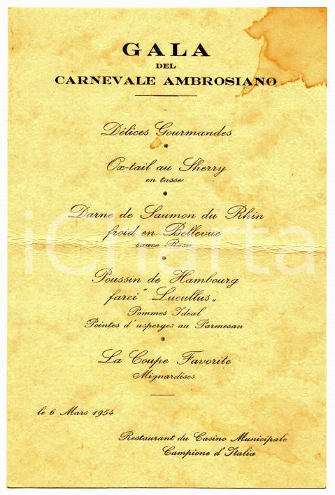 Oggetto da collezione cartaceo 1954 CAMPIONE D ITALIA Gala del Carnevale Ambrosiano al Casinò Municipale Menù 1